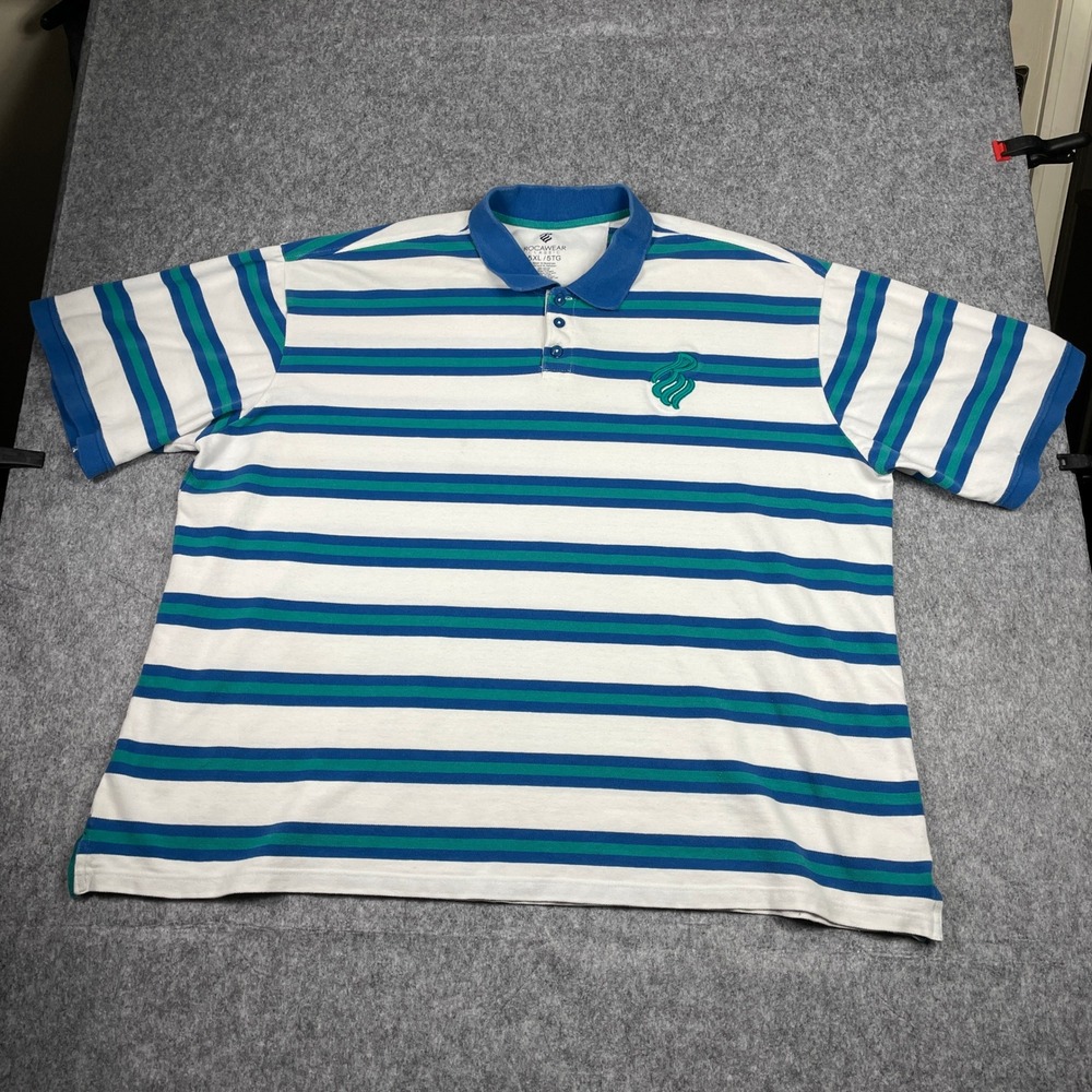 VTG Rocawear Polo Shirt Mens 5XL White Blue Teal Striped Classic Pique Street